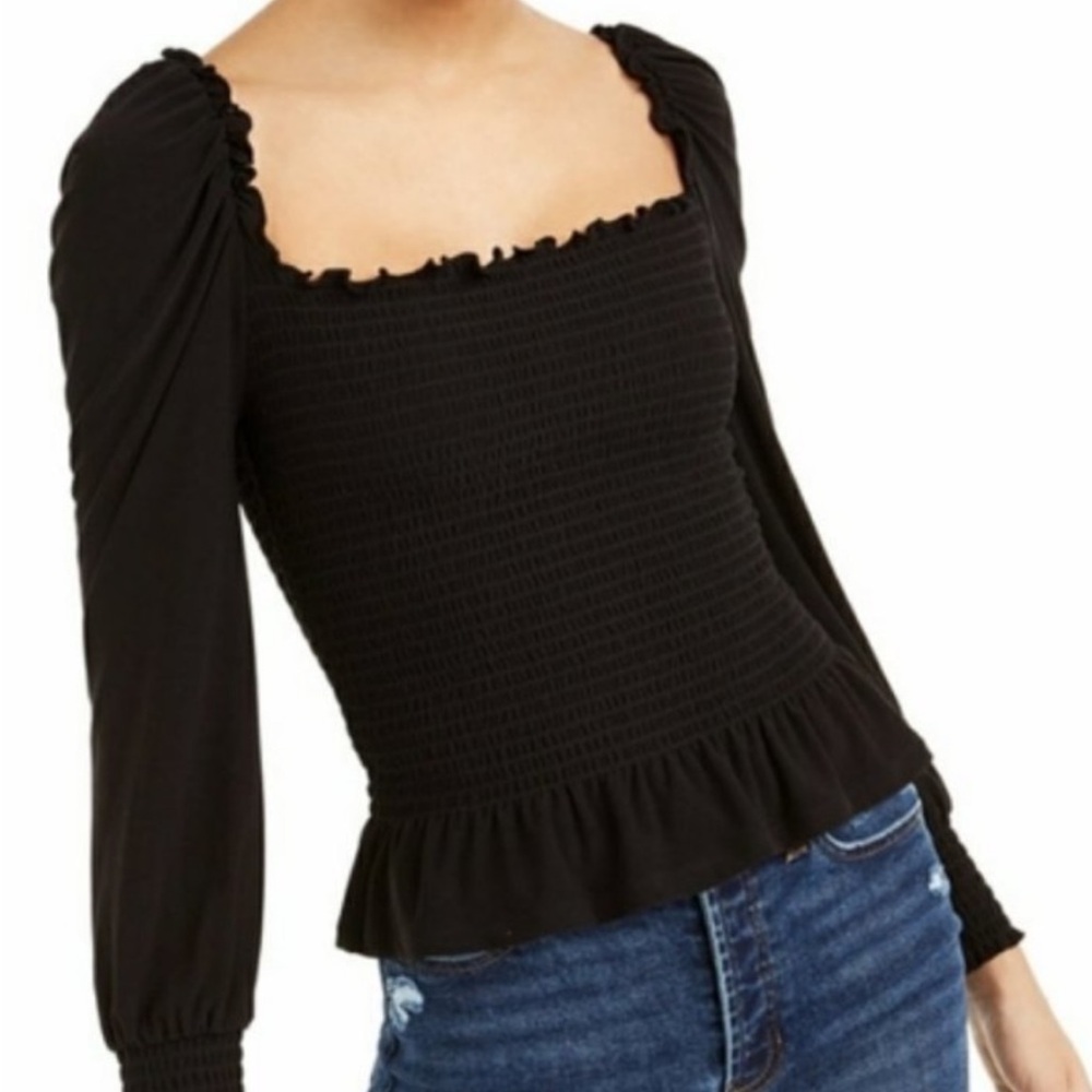 Bar III- Black Smocked Peplum Top with Puff Sleeves - NWOT- LARGE